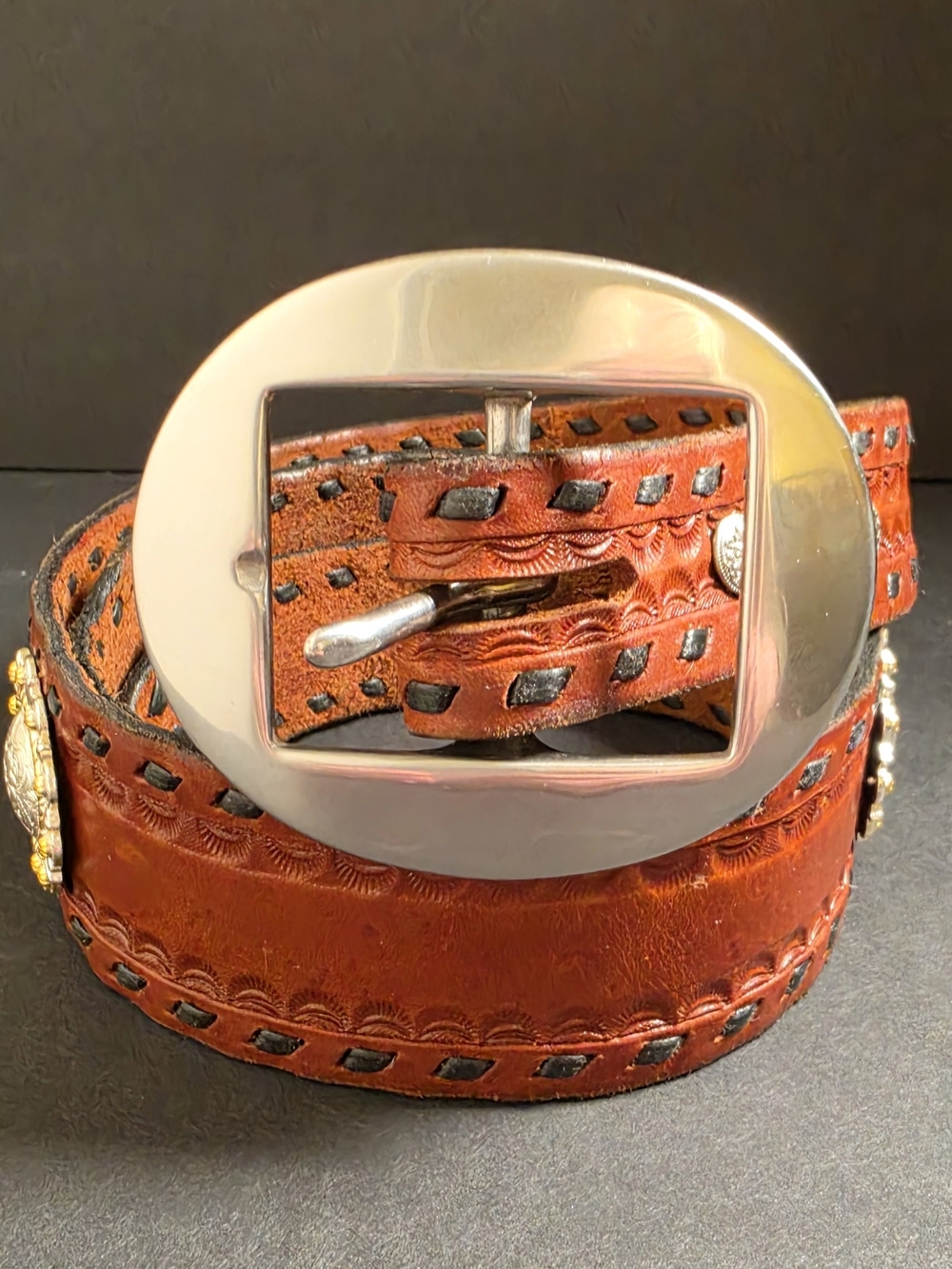 Brown Leather Western-Style Belt with Polished Silver Buckle